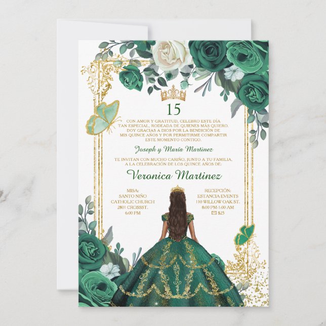 Invitation Princesse espagnole Emerald Green Floral Mis Quinc (Devant)