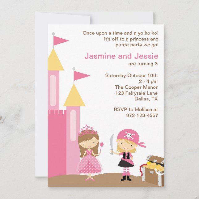 Invitation Princesse et Pirate rose (Devant)