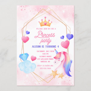 Invitation Princesse et sa licorne fête d'anniversaire