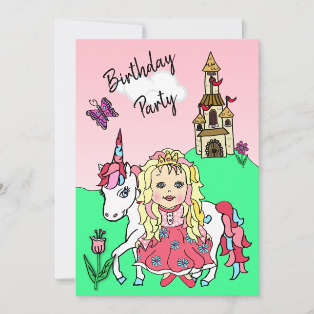Invitation Princesse et Unicorn Fête d'anniversaire (Devant)