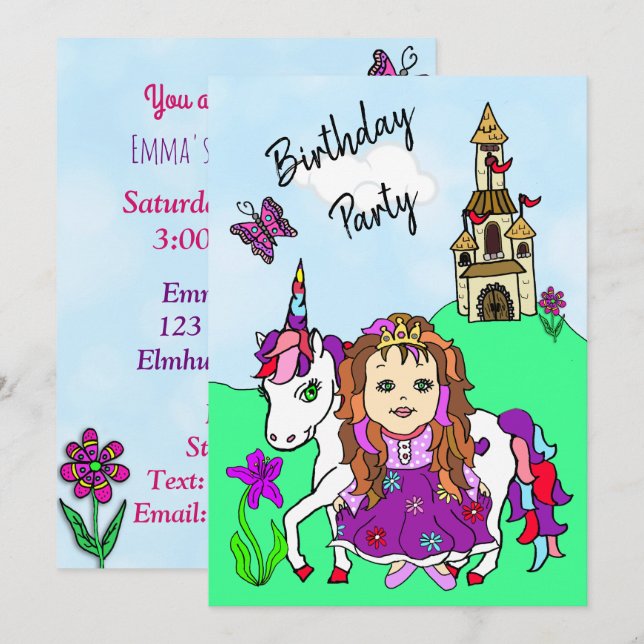 Invitation Princesse et Unicorn Fête d'anniversaire (Devant / Derrière)