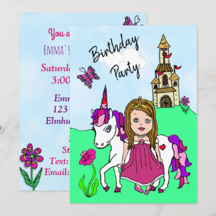 Invitation Princesse et Unicorn Fête d'anniversaire