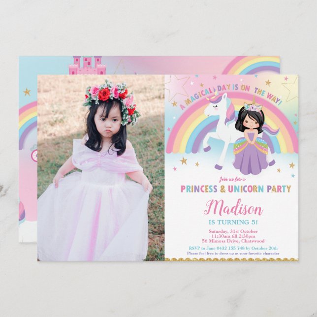 Invitation Princesse et Unicorne fête d'anniversaire Rainbow  (Devant / Derrière)