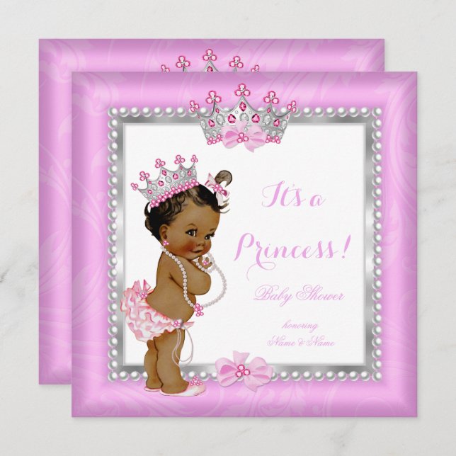 Invitation Princesse ethnique Baby shower rose perle d'argent (Devant / Derrière)