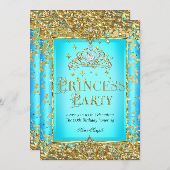 Invitation Princesse fête d'anniversaire Turquoise Blue Gold  (Devant / Derrière)