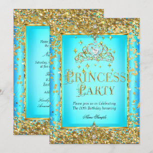 Invitation Princesse fête d'anniversaire Turquoise Blue Gold 