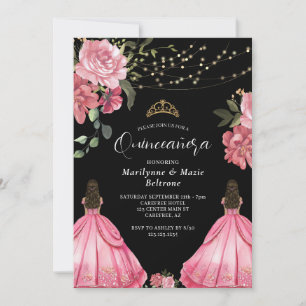 Invitation Princesse Fleurs Roses Jumelles Quinceañera