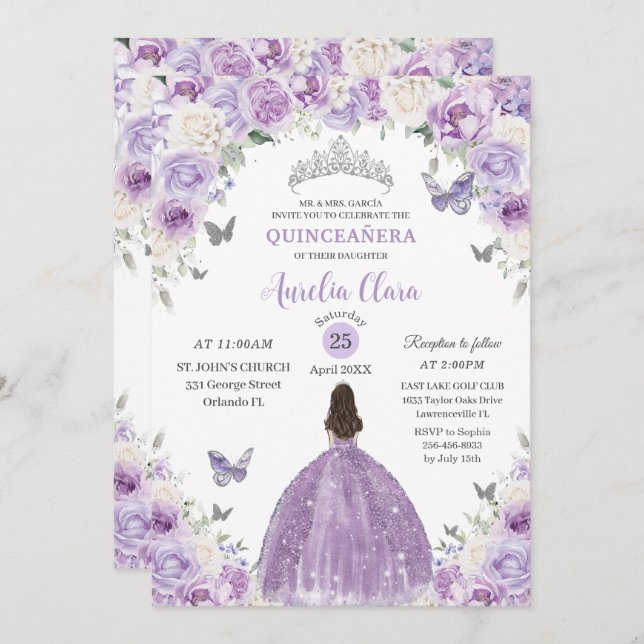 Invitation Princesse Florale Blanche Violette Quinceañera XV  (Devant / Derrière)