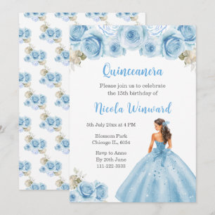 Invitation Princesse Florale en Robe Bleue Quinceanera