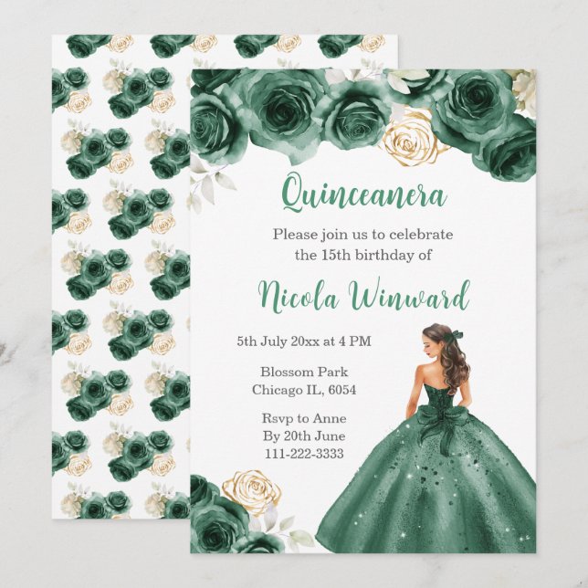 Invitation Princesse Florale en Robe Vert foncé Quinceanera (Devant / Derrière)