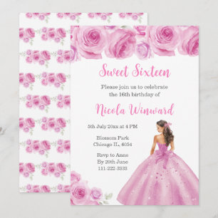 Invitation Princesse Florale en Sweet sixteen rose clair