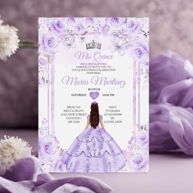 Invitation Princesse florale pourpre et argent Quiñceanera (Créateur téléchargé)