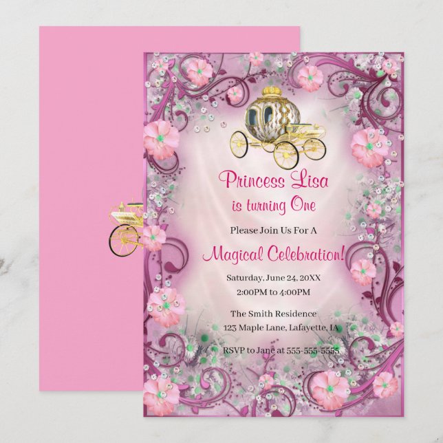 Invitation Princesse Florale Rose enchantée 1er anniversaire (Devant / Derrière)