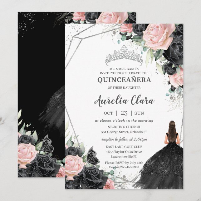 Invitation Princesse Florale Rose Noire Silver Quinceañera (Devant / Derrière)