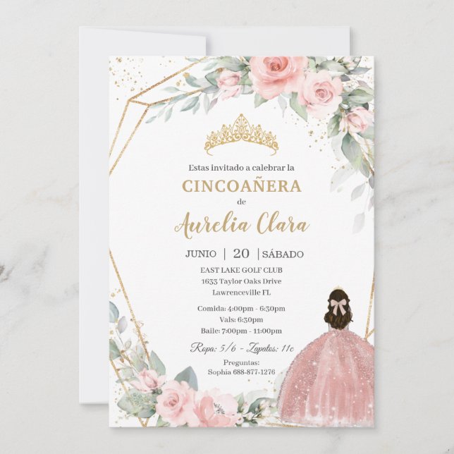 Invitation Princesse Florale rose pâle Cincoañera 5e annivers (Devant)