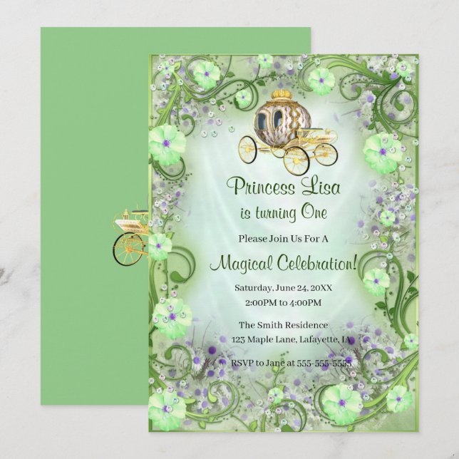 Invitation Princesse Florale verte enchantée 1er anniversaire (Devant / Derrière)