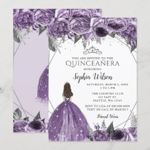 Invitation Princesse Florale violette en argent Quinceañera