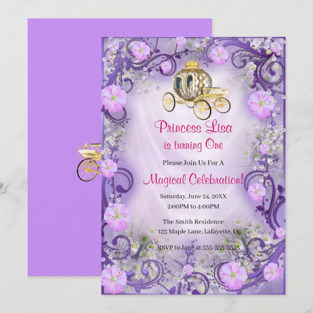 Invitation Princesse florale violette enchantée 1er anniversa (Devant / Derrière)