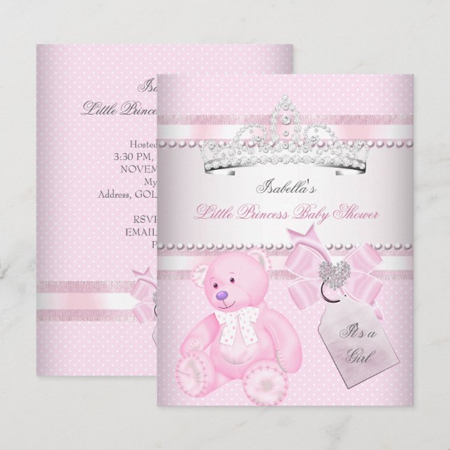 Invitation Princesse Joli Baby shower mignonne fille Tiara Ou (Devant / Derrière)