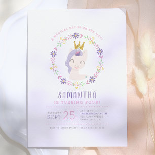Invitation Princesse Licorne Magique Anniversaire Rose & Or