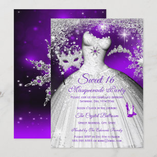 Invitation Princesse Masquerade Sweet 16 Purple Silver Party