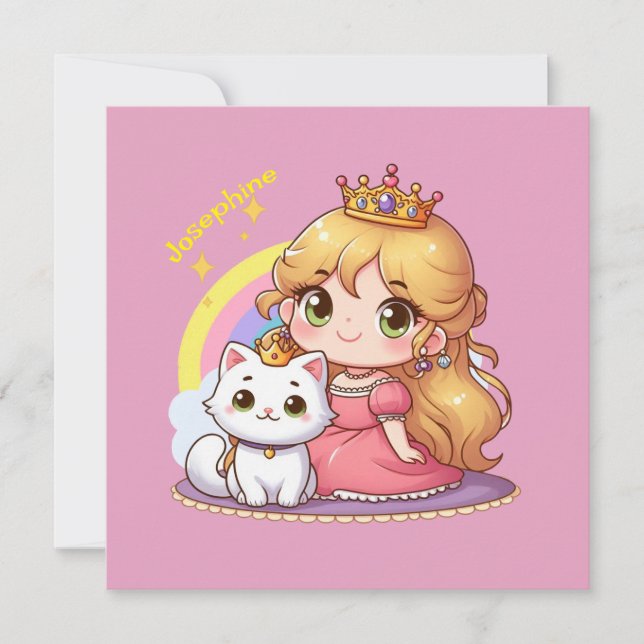 Invitation Princesse mignonne personnalisable avec chat blanc (Devant)
