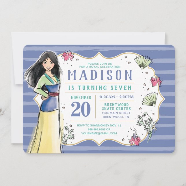 Invitation Princesse Mulan | Aquarelle Frappe Anniversaire (Devant)