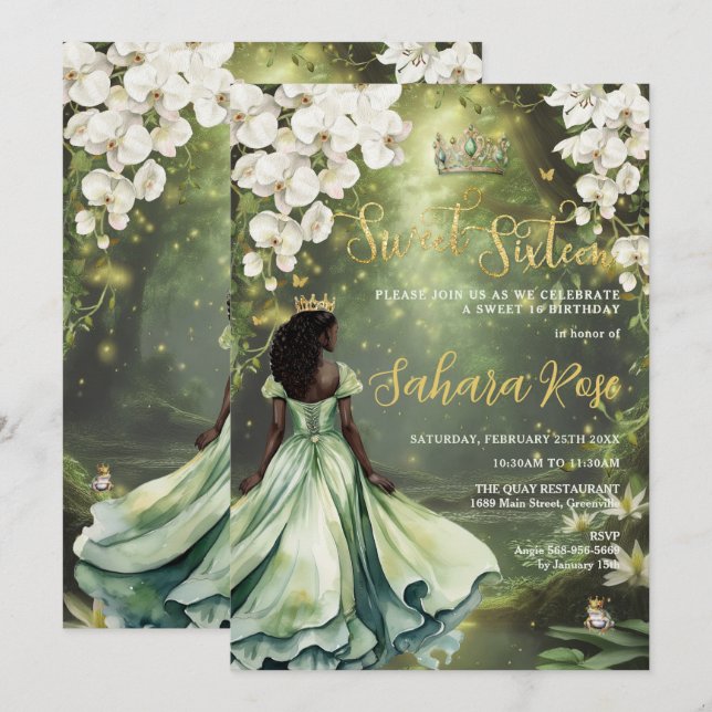 Invitation Princesse noire et grenouille Sage Vert robe douce (Devant / Derrière)