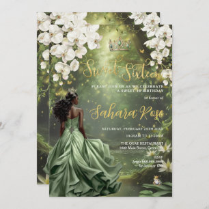 Invitation Princesse noire et grenouille Sage Vert robe douce
