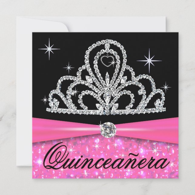 Invitation Princesse noire rose Tiara Bling de Quinceanera (Devant)