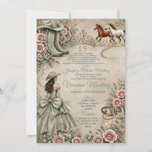Invitation Princesse occidentale Quinceañera vert sauge rusti