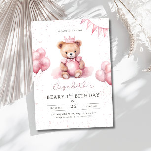 Invitation Princesse Ourson Beary 1er Anniversaire Rose Fille