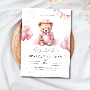 Invitation Princesse Ourson Teddy 1er Anniversaire Fille Rose