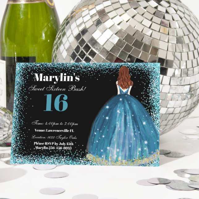 Invitation Princesse Pailletée Turquoise Enchanteresse Douce  (Créateur téléchargé)
