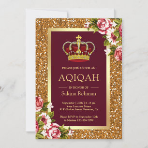 Invitation Princesse Paillettes Dorées Burgundy Floral Aqiqah
