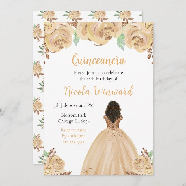 Invitation Princesse Peach Floral Quinceanera (Devant / Derrière)