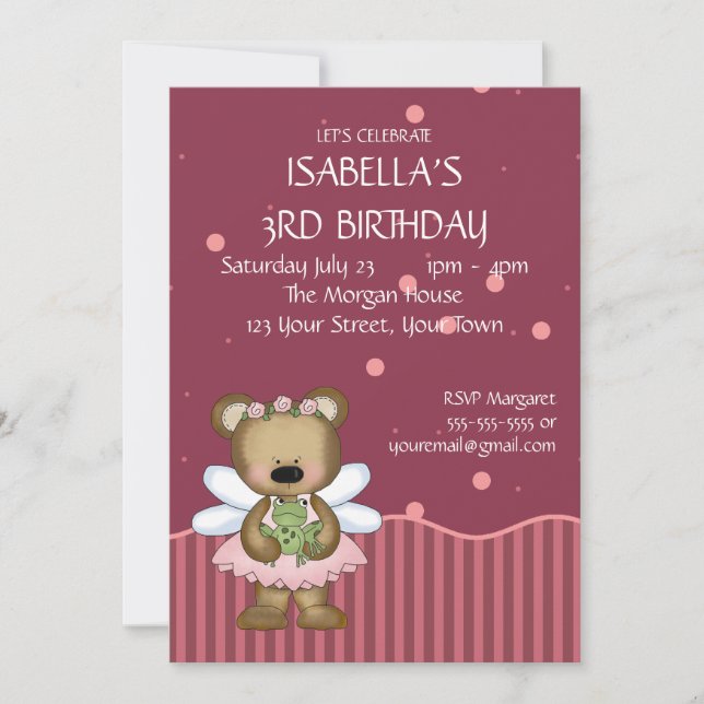 Invitation Princesse personnalisable de fée de rose d'ours de (Devant)