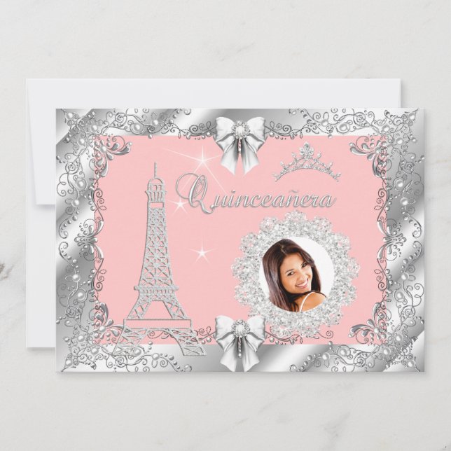 Invitation Princesse Pink PEACH Quinceanera Silver Photo 2 (Devant)