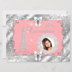 Invitation Princesse Pink PEACH Quinceanera Silver Photo BIG
