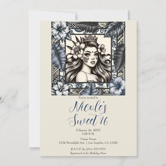 Invitation Princesse Polynésienne Fleurs Bleues Tribal Sweet  (Devant)