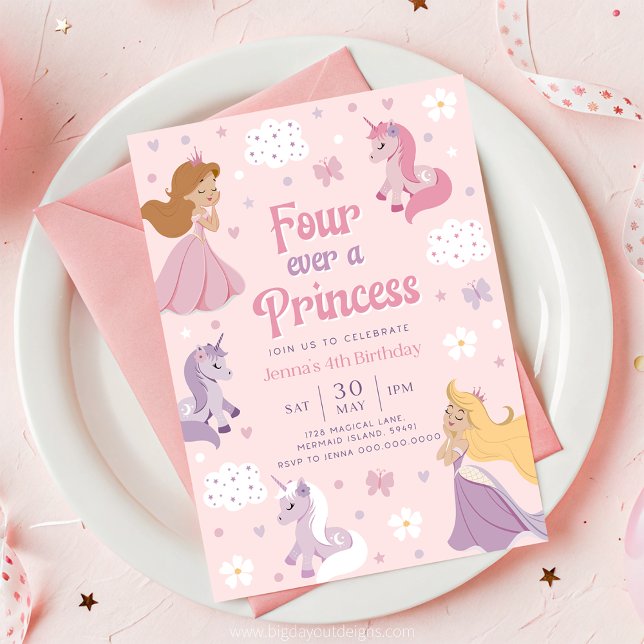 Invitation Princesse pour toujours. Pour toujours  (Princess and Unicorn Pink 4th Birthday Invitation)