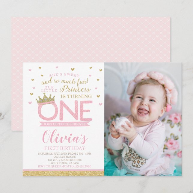 Invitation Princesse Premier anniversaire (Devant / Derrière)