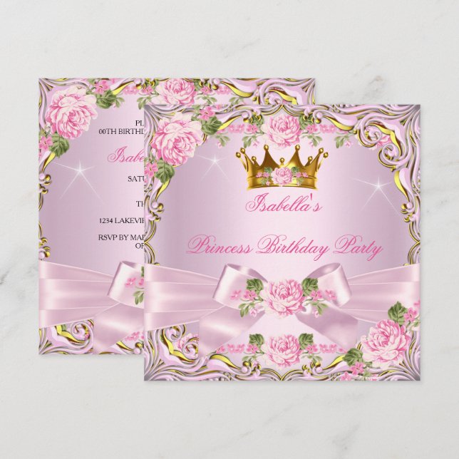 Invitation Princesse Pretty Blush Roses Rose Or Anniversaire (Devant / Derrière)