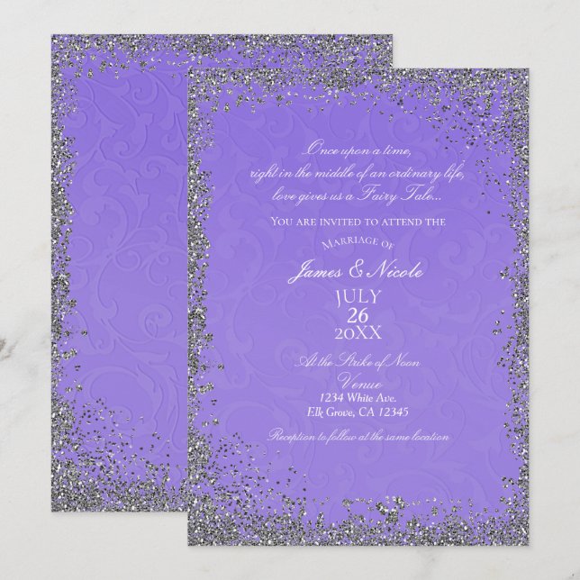 Invitation Princesse Purple Damask Storybook Mariage élégant (Devant / Derrière)