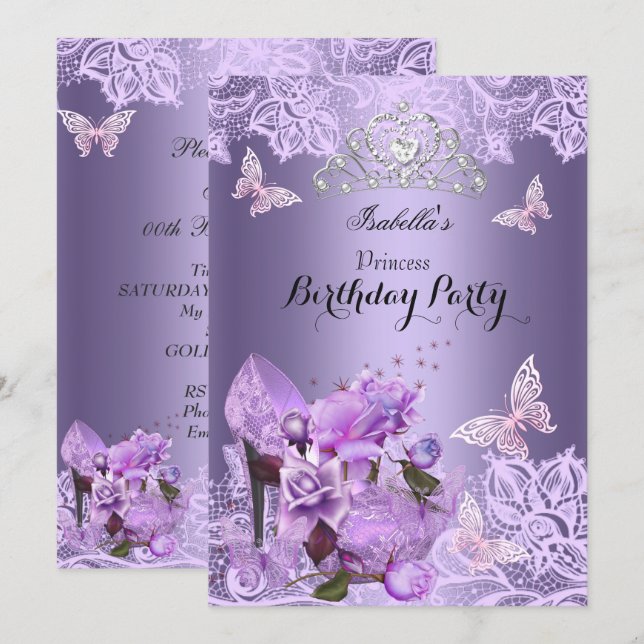 Invitation Princesse Purple Lilac Haut Rose de talon Annivers (Devant / Derrière)
