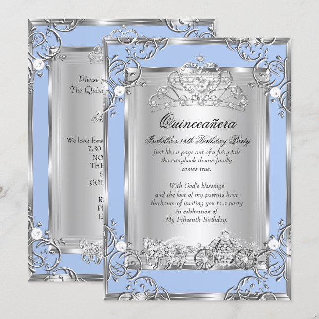Invitation Princesse Quinceanera 15e anniversaire Blue Silver (Devant / Derrière)