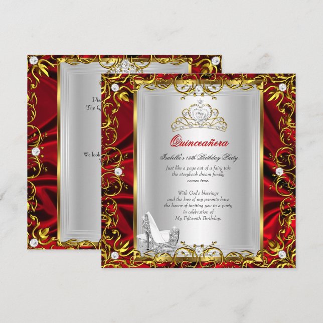 Invitation Princesse Quinceanera 15e anniversaire Red Royal (Devant / Derrière)