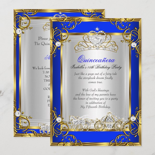 Invitation Princesse Quinceanera 15e anniversaire Royal Blue  (Devant / Derrière)