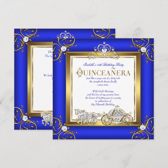 Invitation Princesse Quinceanera 15e anniversaire Royal Blue  (Devant / Derrière)