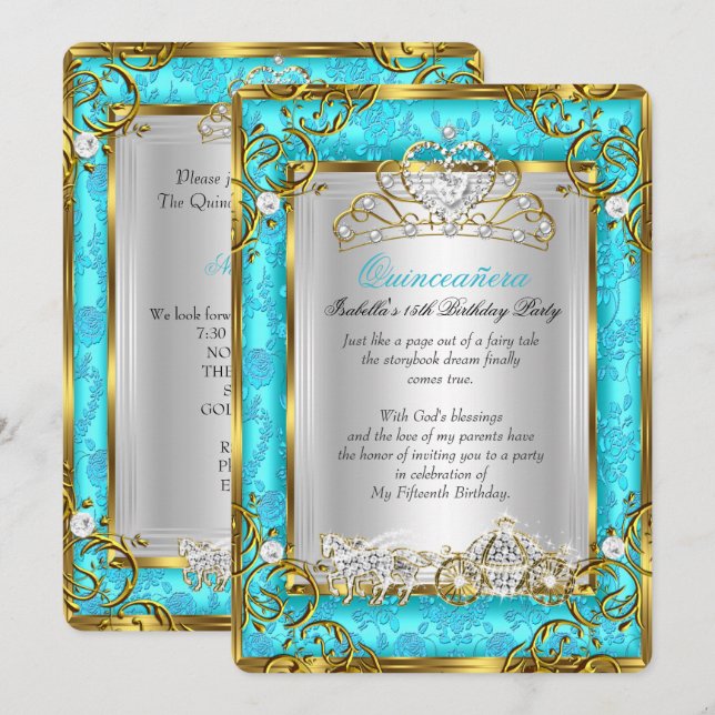 Invitation Princesse Quinceanera 15e anniversaire Turquoise D (Devant / Derrière)